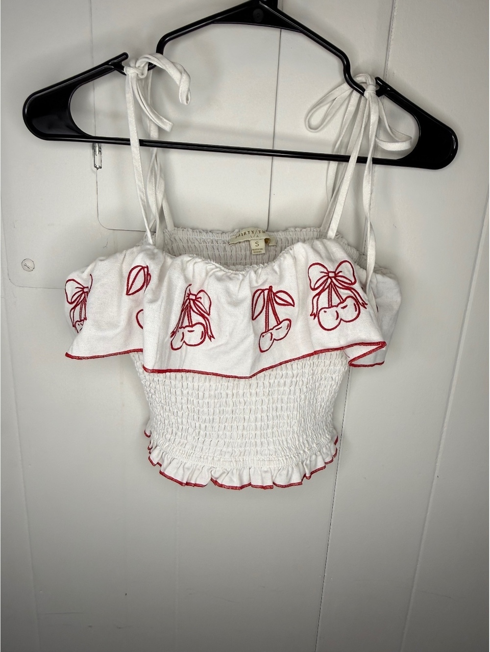White Smocked Crop Top with Red Cherry Embroidery and Adjustable Tie Straps, S